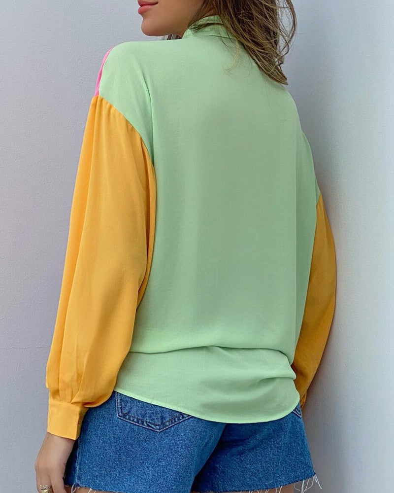 Colorblock Button Front Long Sleeve Shirt