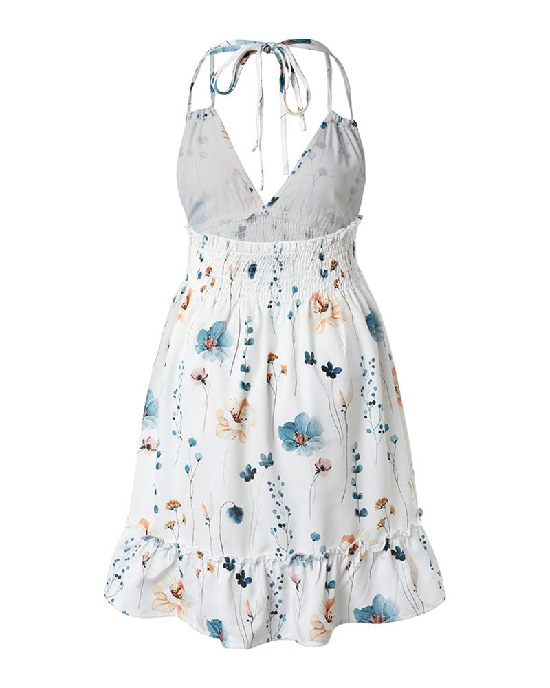 Floral Print Halter Ruffle Hem Shirred Casual Dress