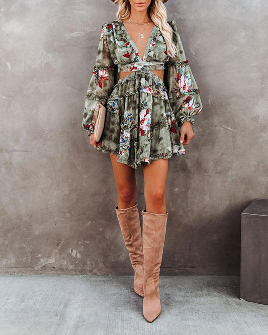 Floral Print Cutout Frill Hem Dress