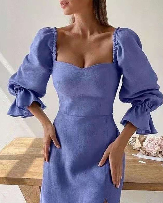 Bell Puff Sleeve High Slit Party Dress