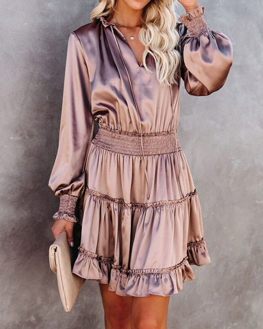 Lantern Sleeve Ruffle Hem Shirred Waist Dress