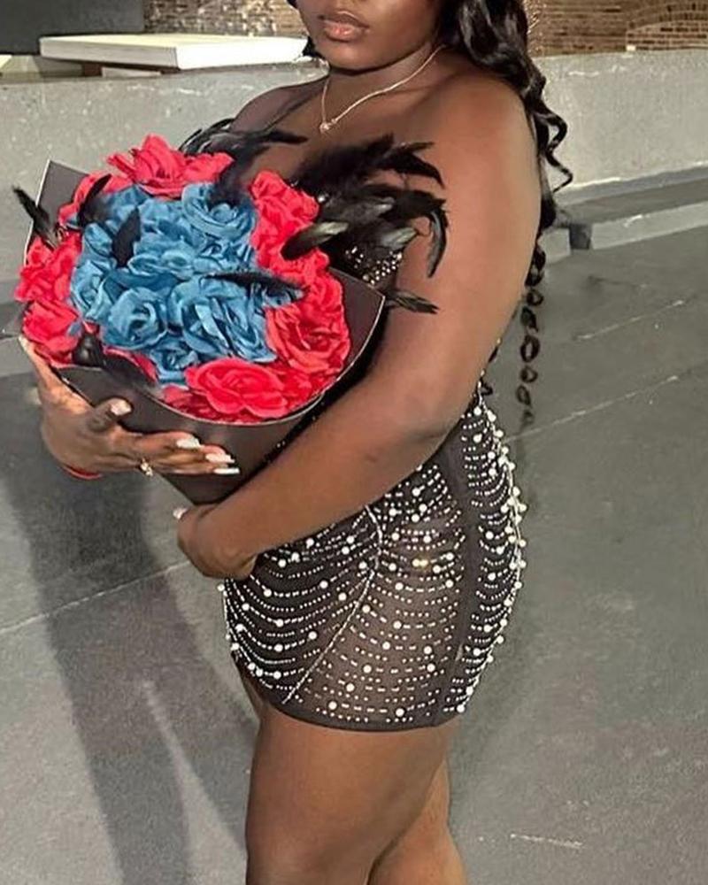 Bandeau Feather Decor Rhinestone Party Dress