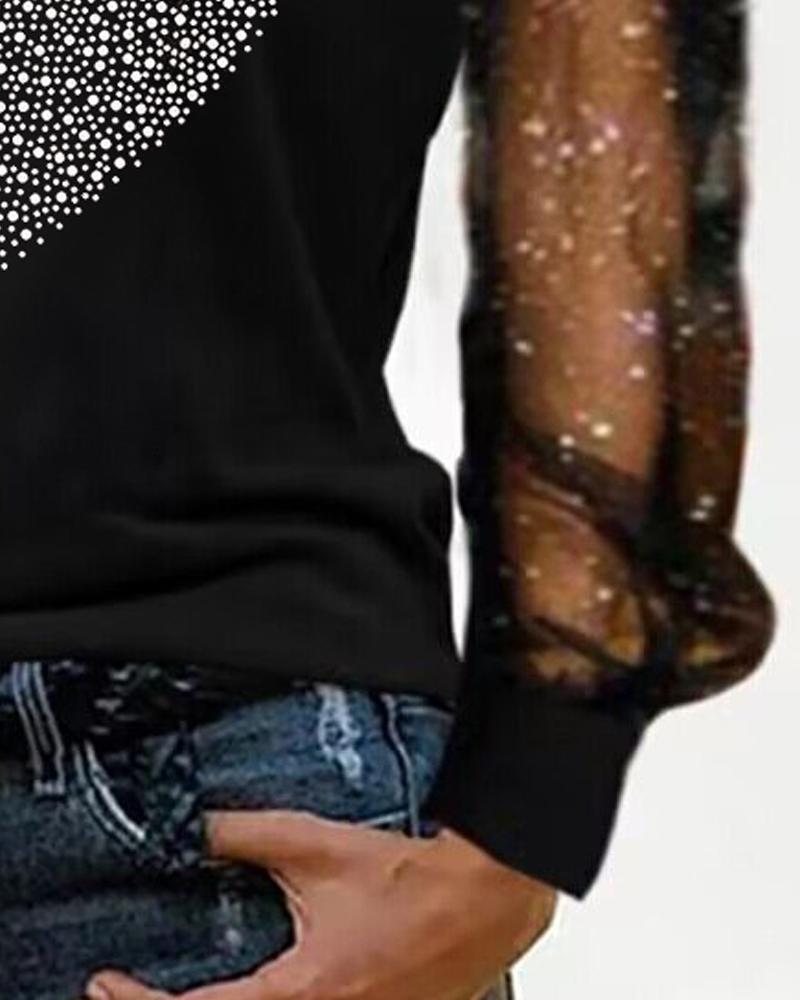 Rhinestone Heart Pattern Glitter Mesh Patch Top