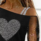 Rhinestone Heart Pattern Glitter Mesh Patch Top