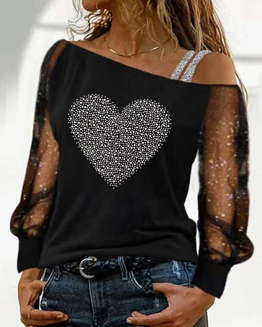 Rhinestone Heart Pattern Glitter Mesh Patch Top