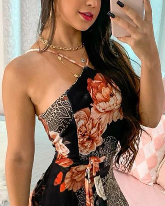 Floral Tribal Print One Shoulder Dress