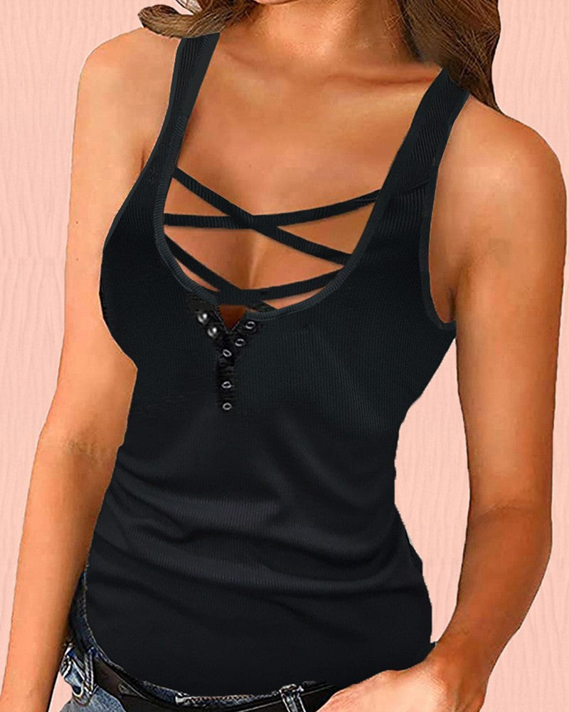 U Neck Snap Button Ribbed Tank Top