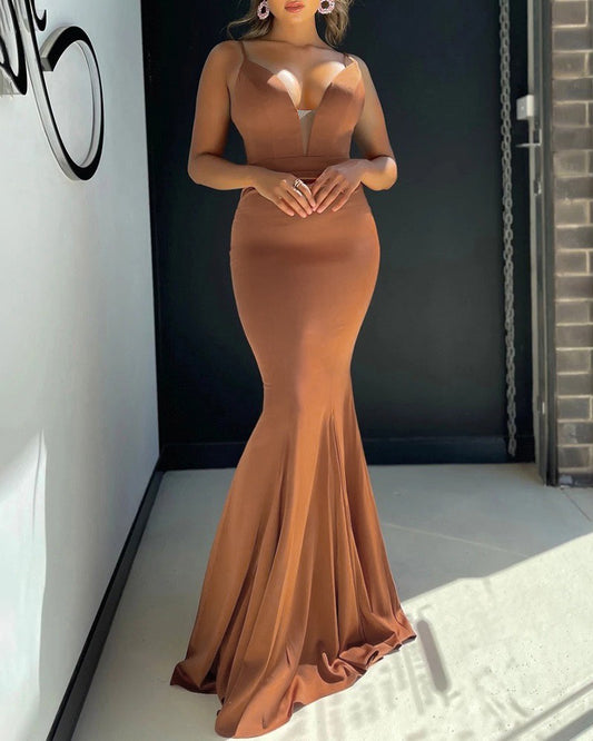 Plunge Sheer Mesh Patch Mermaid Evening Dress