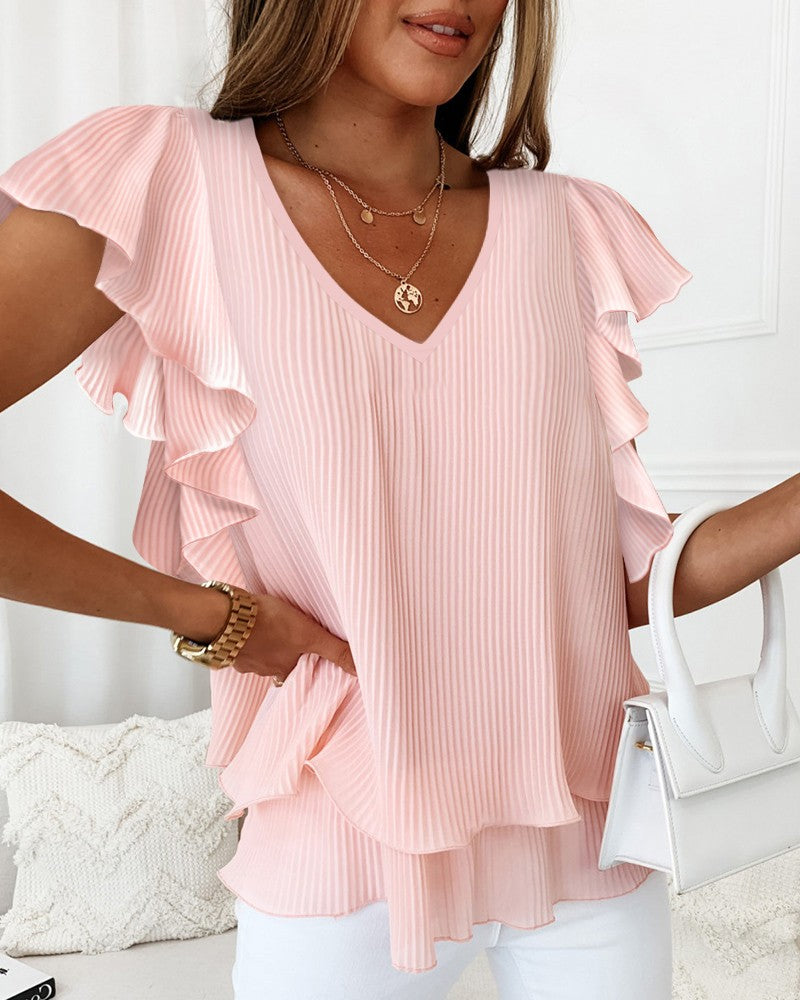 Ruffle Hem V Neck Flowy Top