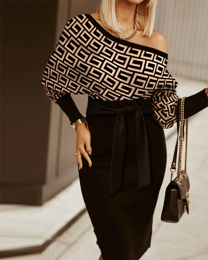 Geo Print Batwing Sleeve Belted Midi Dress