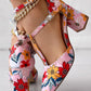 Floral Print T Strap Buckled Chunky Heel Pumps
