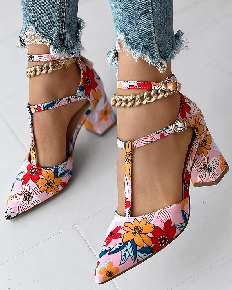 Floral Print T Strap Buckled Chunky Heel Pumps