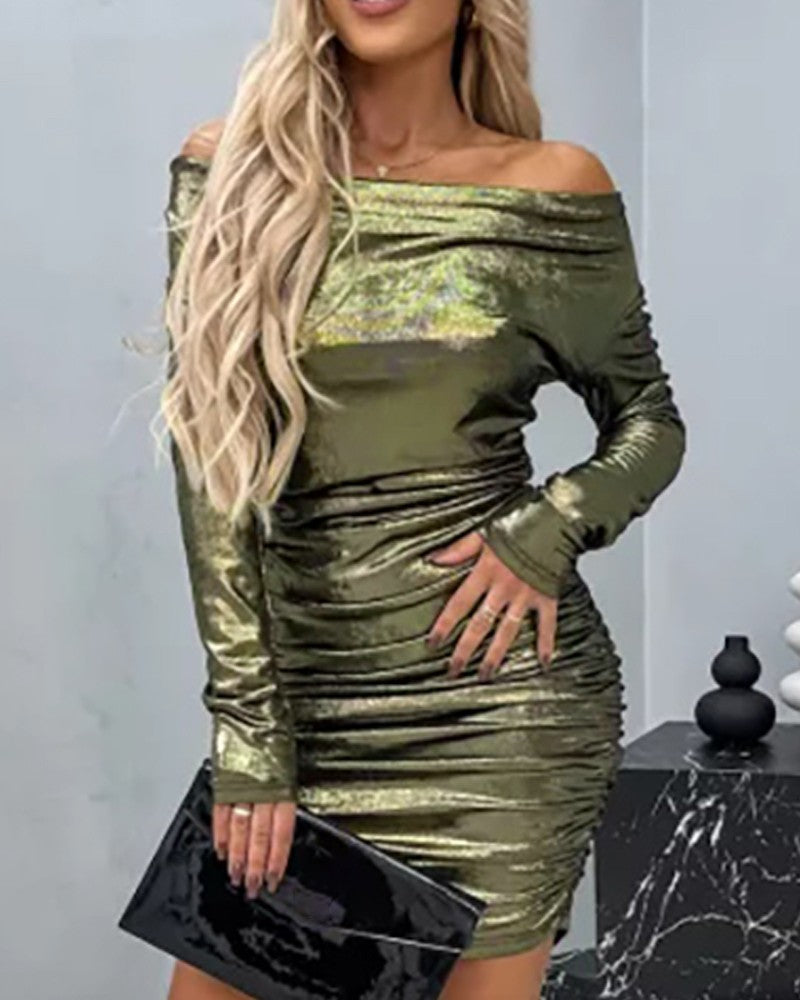 Off Shoulder Ruched Metallic Party Dress