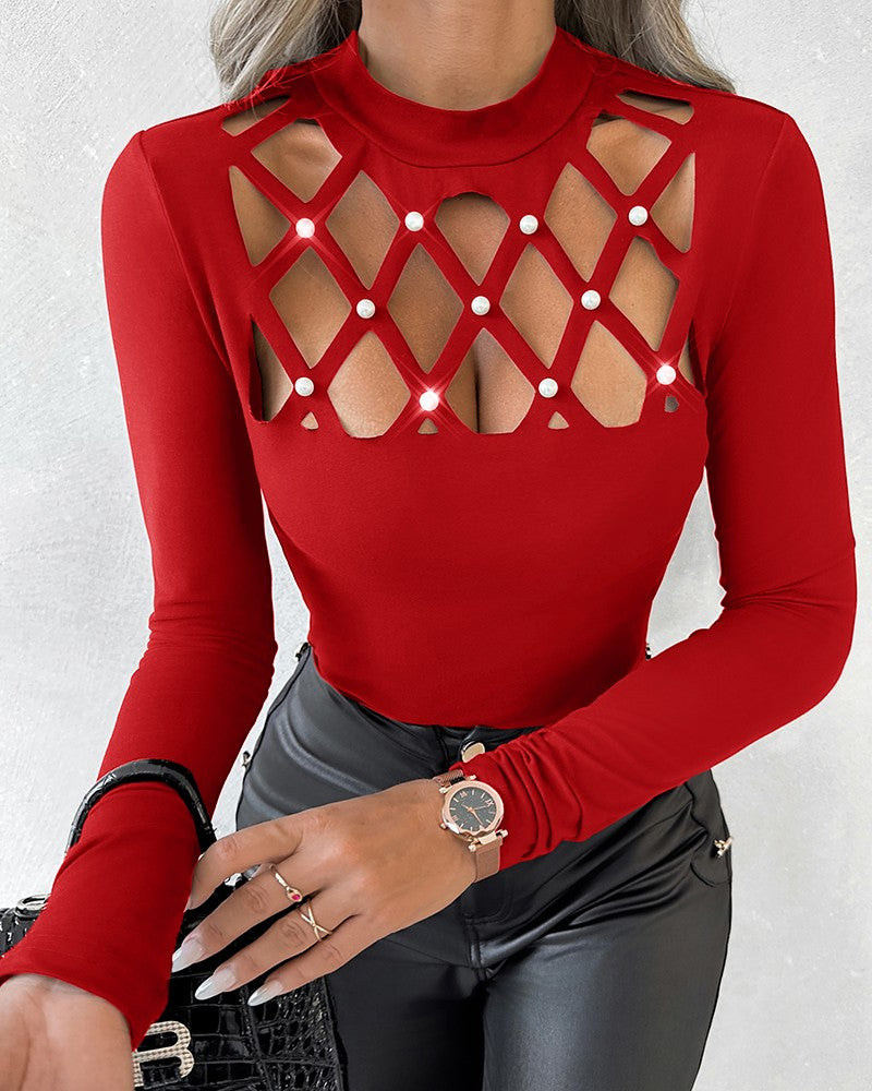 Hollow out Beaded Long Sleeve Top