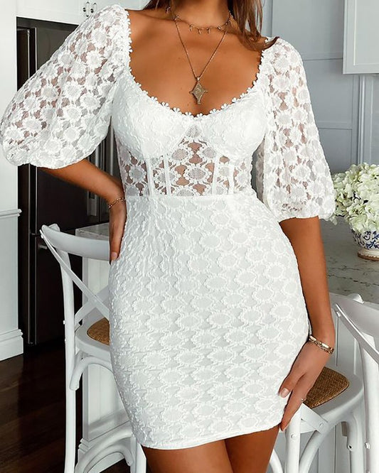 Lace Lantern Sleeve Bodycon Dress