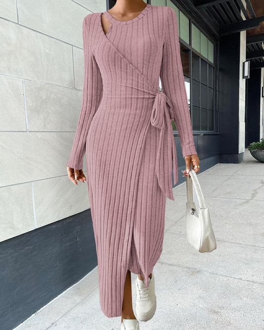 Ribbed Tied Detail Wrap Casual Dress