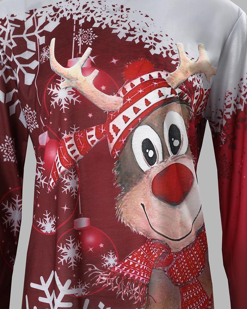 Christmas Snowflake Elk Print Long Sleeve Casual Top