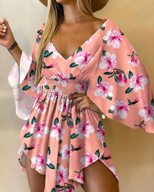 Floral Print V Neck Batwing Sleeve Shirred Waist Mini Dress