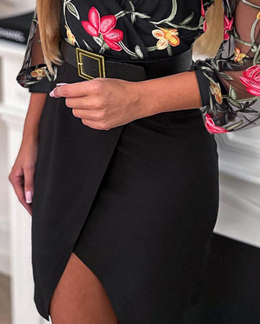 Floral Embroidery Mesh Patch Wrap Work Dress