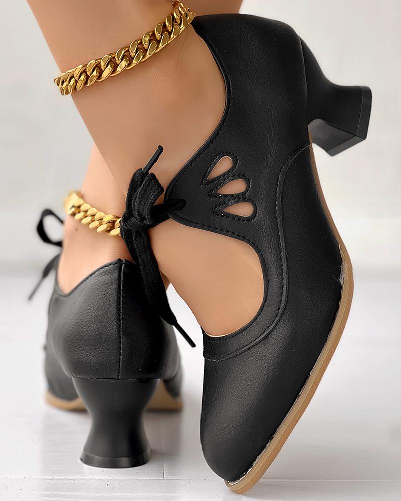 Hollow Out Tied Detail Chunky Heel Pumps