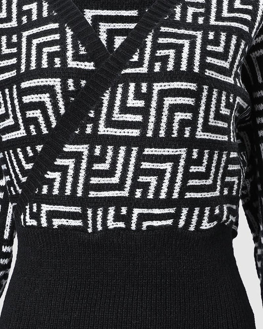 Geometric Print Long Sleeve Wrap Dress