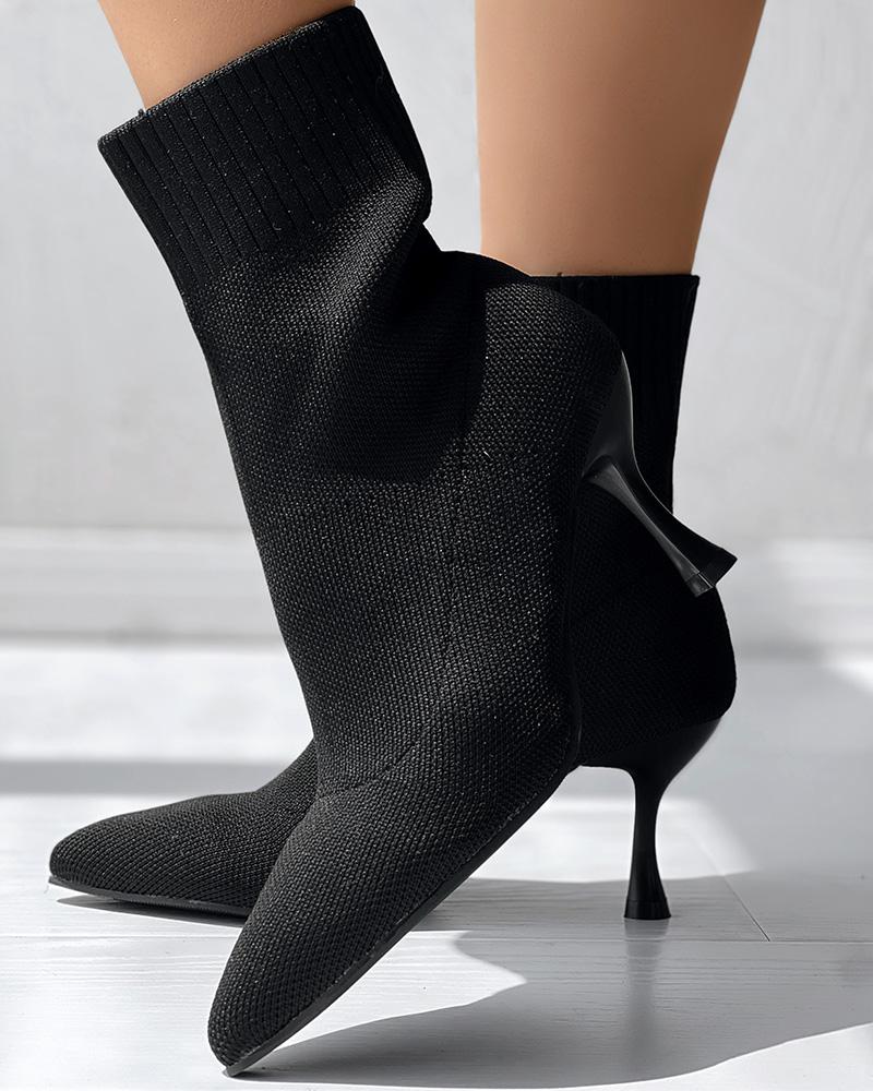 Point Toe Pyramid Heel Knit Ankle Boots