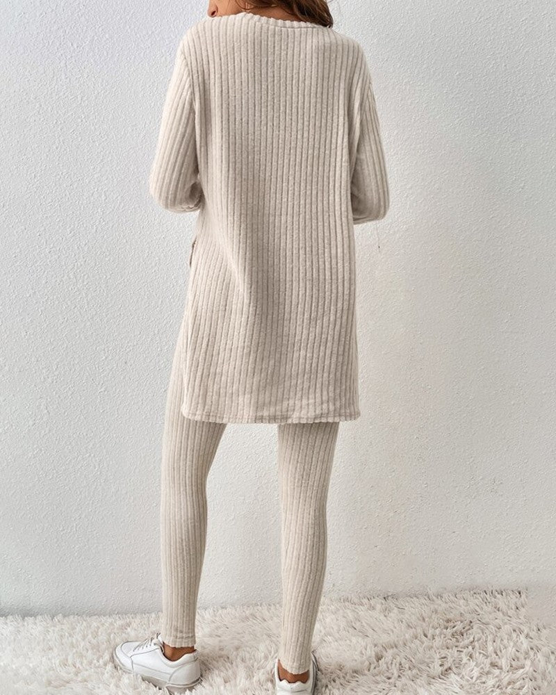 Lace Patch Slit Top & High Waist Pants Set