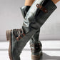 Side Zipper Buckled Round Toe Calf Boots