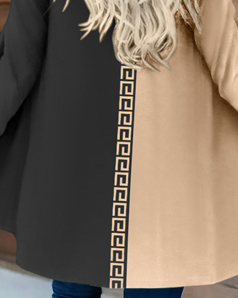 Colorblock Geometric Print Long Sleeve Coat