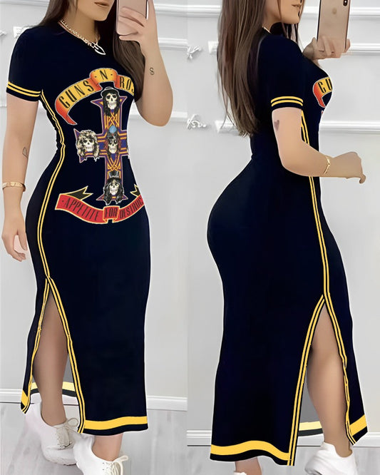 Halloween Skull Letter Cross Graphic Print Striped Slit Casual Dress