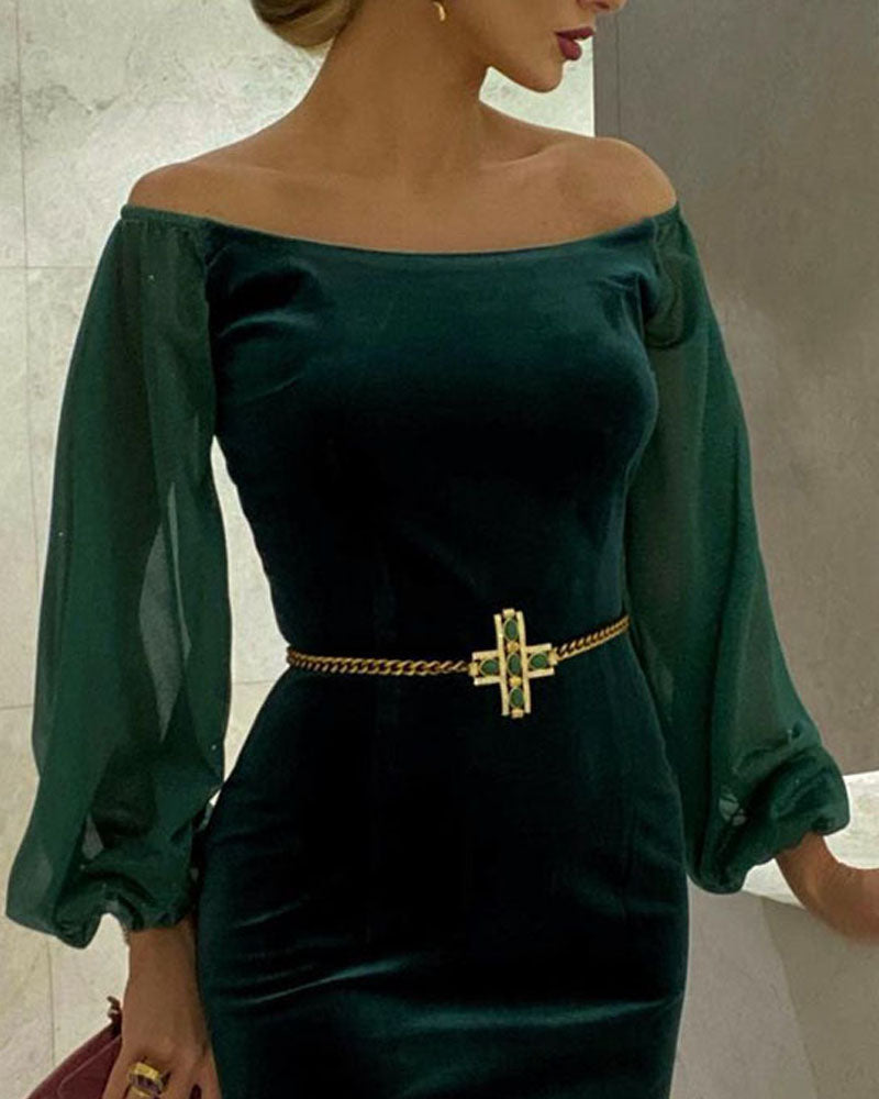 Velvet Off Shoulder Sheer Mesh Lantern Sleeve Party Dress