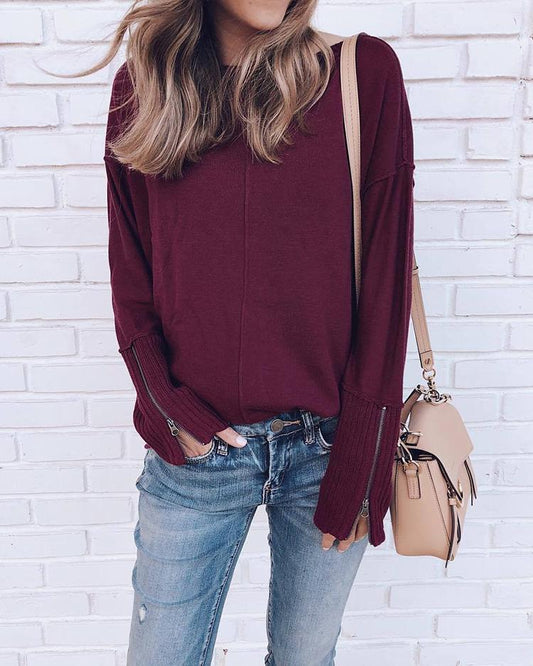 Solid Zipper Long Sleeve Top