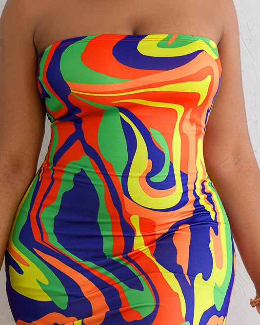 Multi Color Abstract Print Bandeau Mermaid Dress