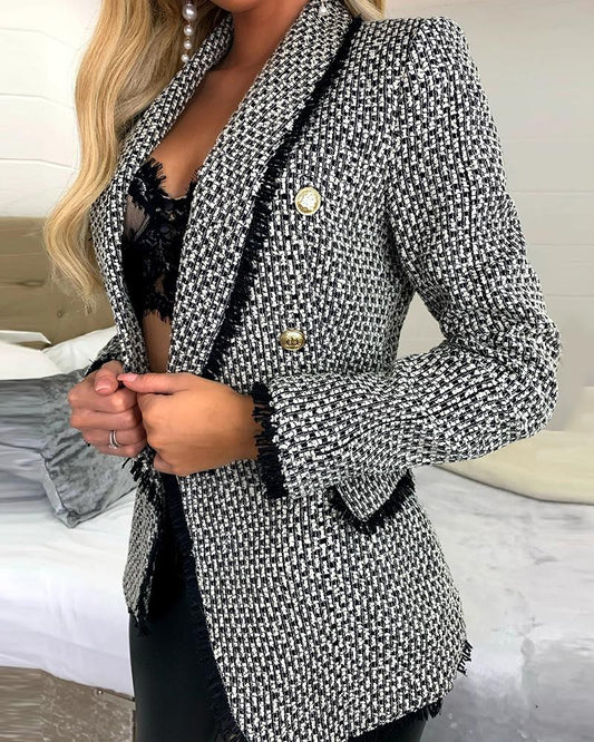 Double Breasted Fringe Hem Tweed Blazer Coat