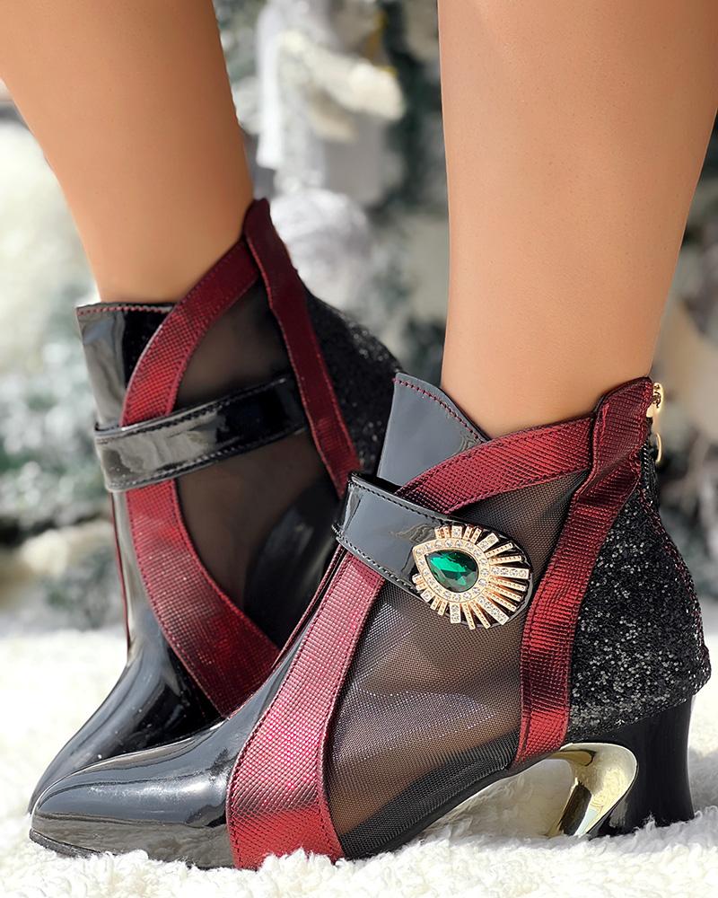 Colorblock Patchwork Rhinestone Decor Chunky Heel Ankle Boots