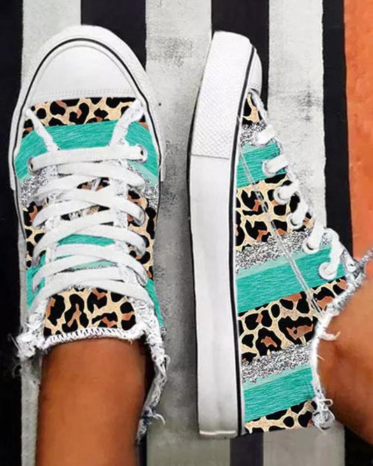 Contrast Leopard Print Frayed Canvas Sneakers