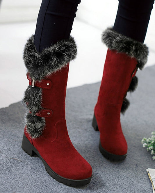 Fuzzy Detail Buckled Lined Calf Snow Boots