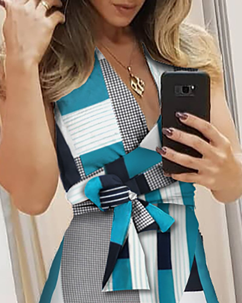V Neck Colorblock Knotted Irregular Dress