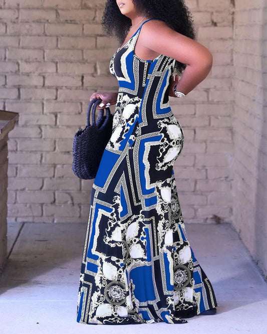 Plus Size Baroque Scarf Print Wide Leg Jumpsuit