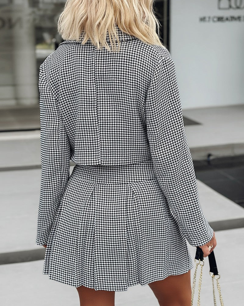 Houndstooth Print Buttoned Blazer Coat & Pleated Skirt Set