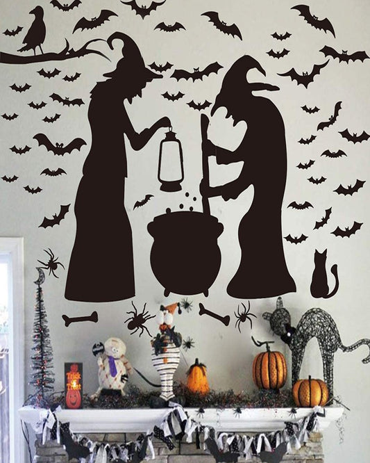 Halloween Decorations Wall Window Ornament Party Supplies 2 Witches With Bats Spider Cat and Crow