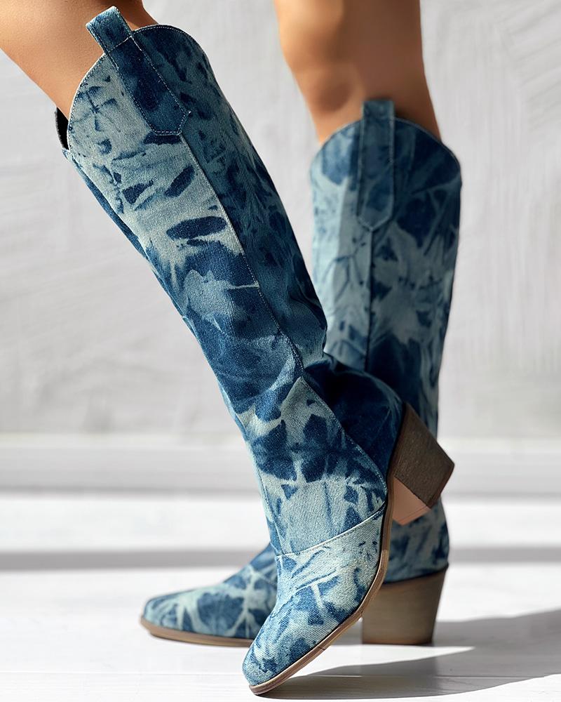 Chunky Heel Cowboy Style Washed Denim Boots