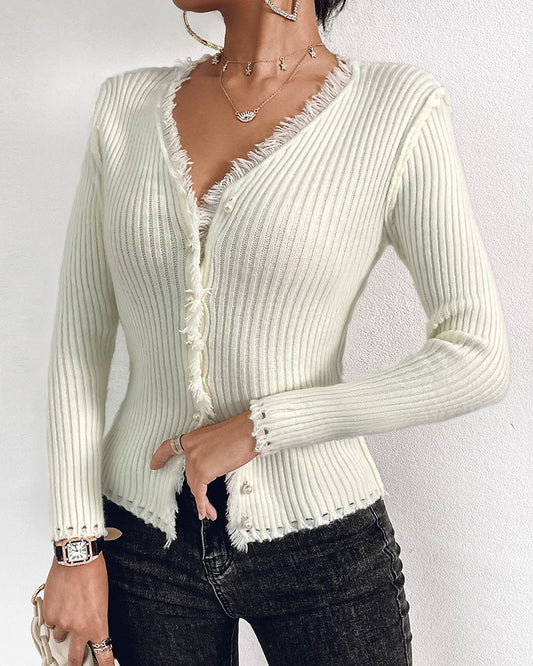Raw Hem Buttoned Asymmetrical Knit Cardigan