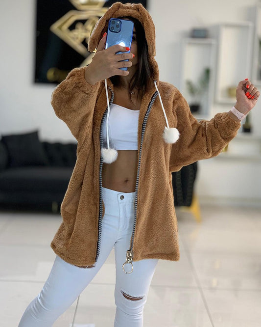 Fluffy Puppy Ear Hooded Zipper Design Fleece Teddy Coat