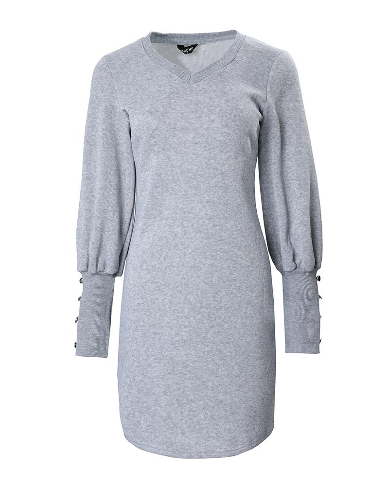 Lantern Sleeve V Neck Casual Dress