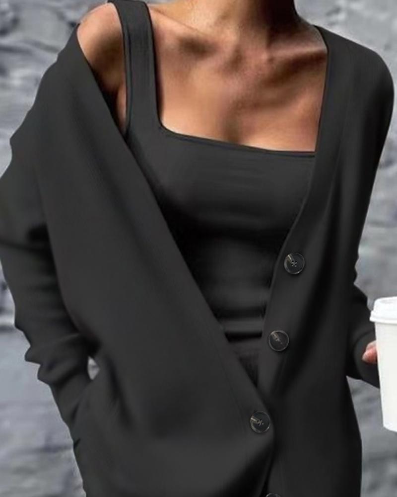 Tank Top & Pants Set With Buttoned Cardigan