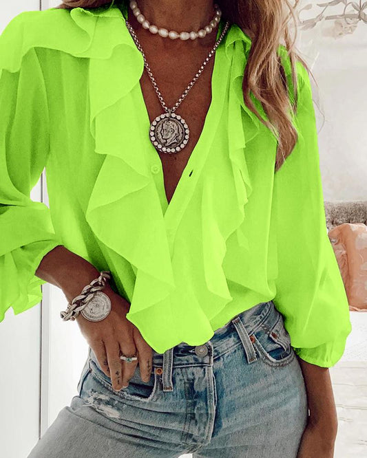 Ruffles Button Design Long Sleeve Top