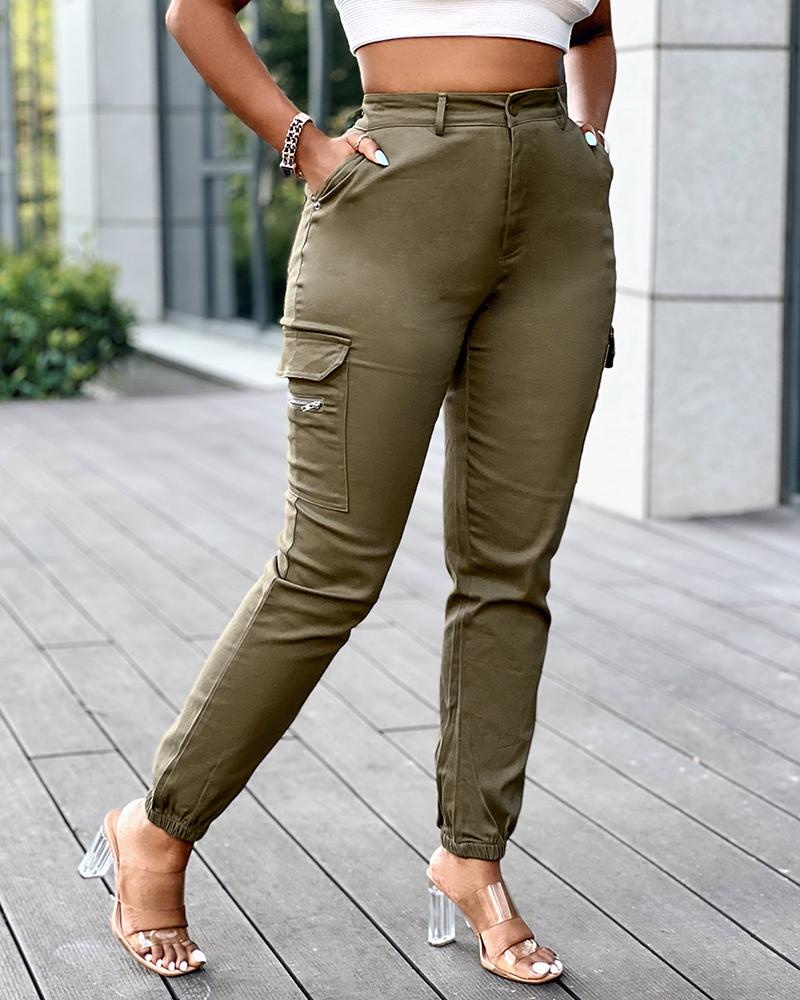 Zipper Pocket Design Casual Pants Without Belt
