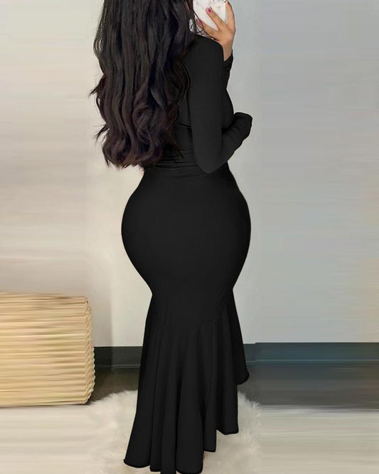 Long Sleeve Deep V Neck Mermaid Dress