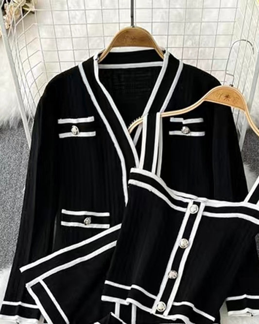 Contrast Binding Tank Top & Shorts Set With Cardigan